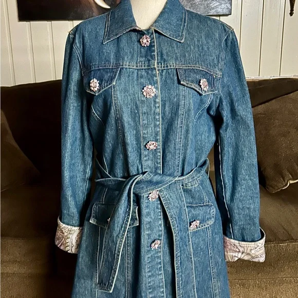 Berek • Medium • Vintage • Blue • Denim • Pink Rhinestones Buttons • Trench Coat - Picture 3 of 12